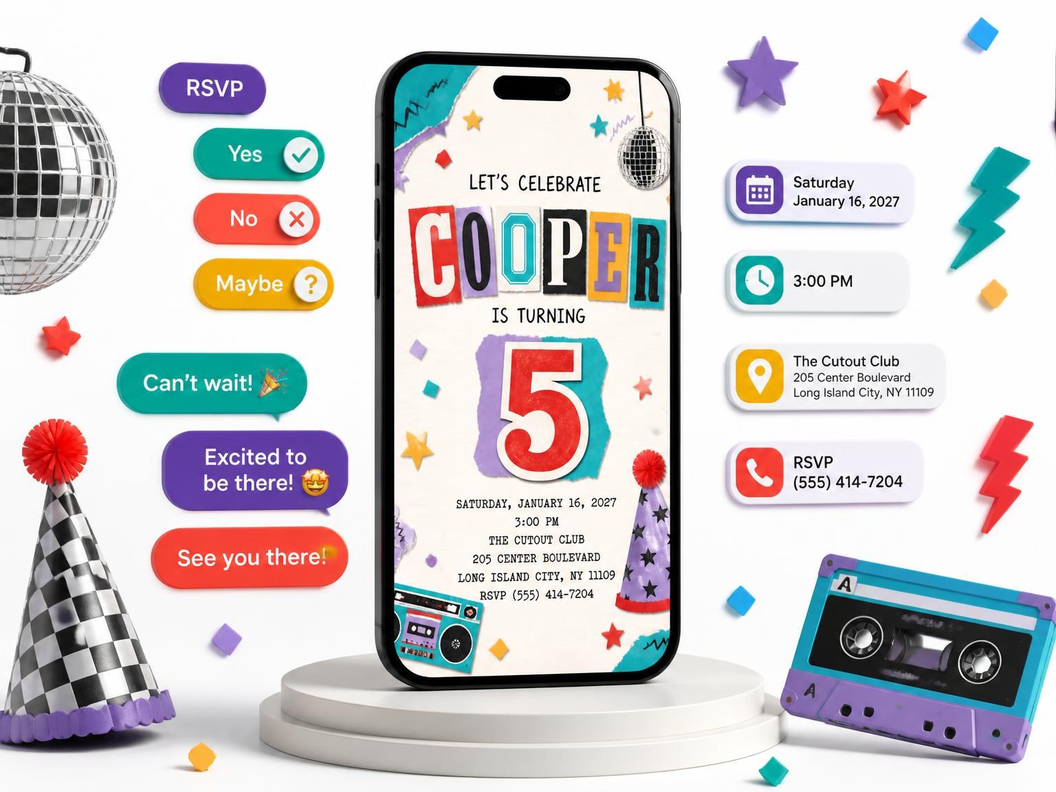 The Retro Paper Collage 5th Birthday Invitation invitation on a phone, with guest RSVPs arriving around it