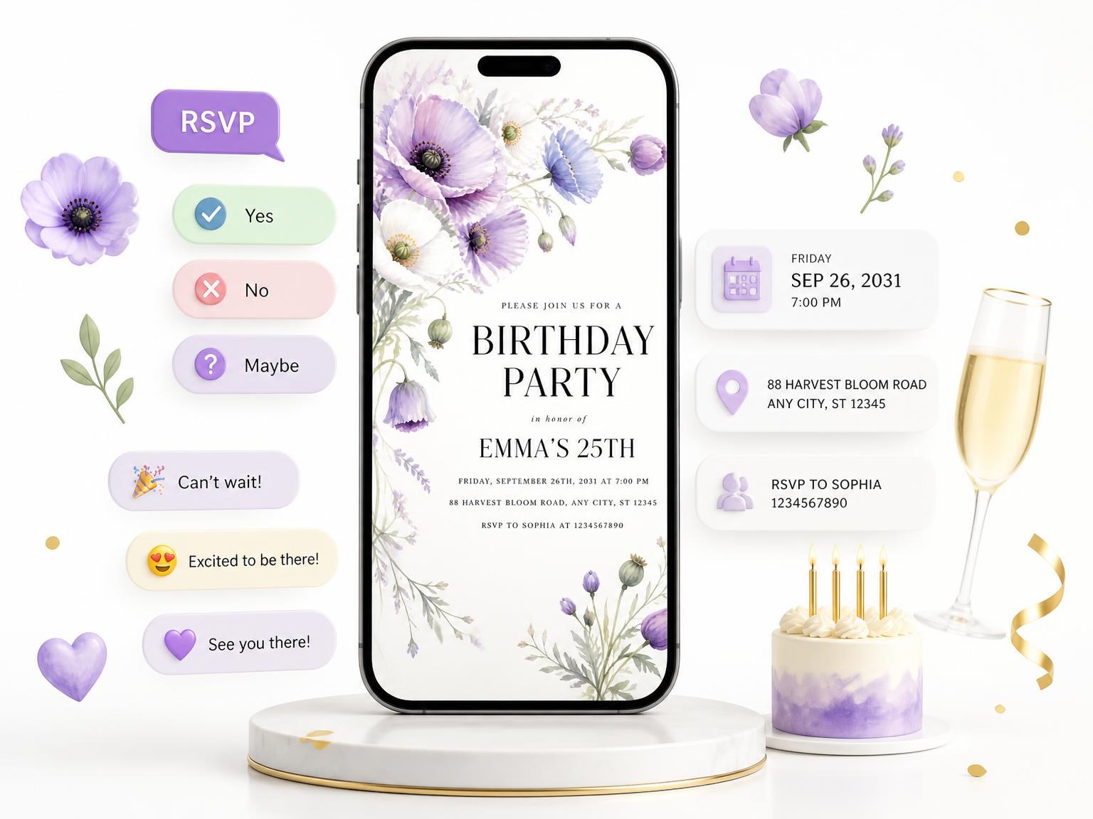 The Lavender White Poppies 25th Birthday Invitation invitation on a phone, with guest RSVPs arriving around it