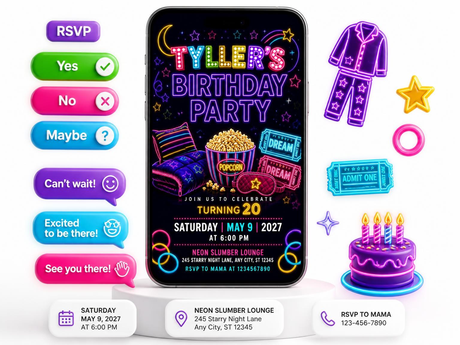 The Neon Pajama 20th Birthday Invitation invitation on a phone, with guest RSVPs arriving around it