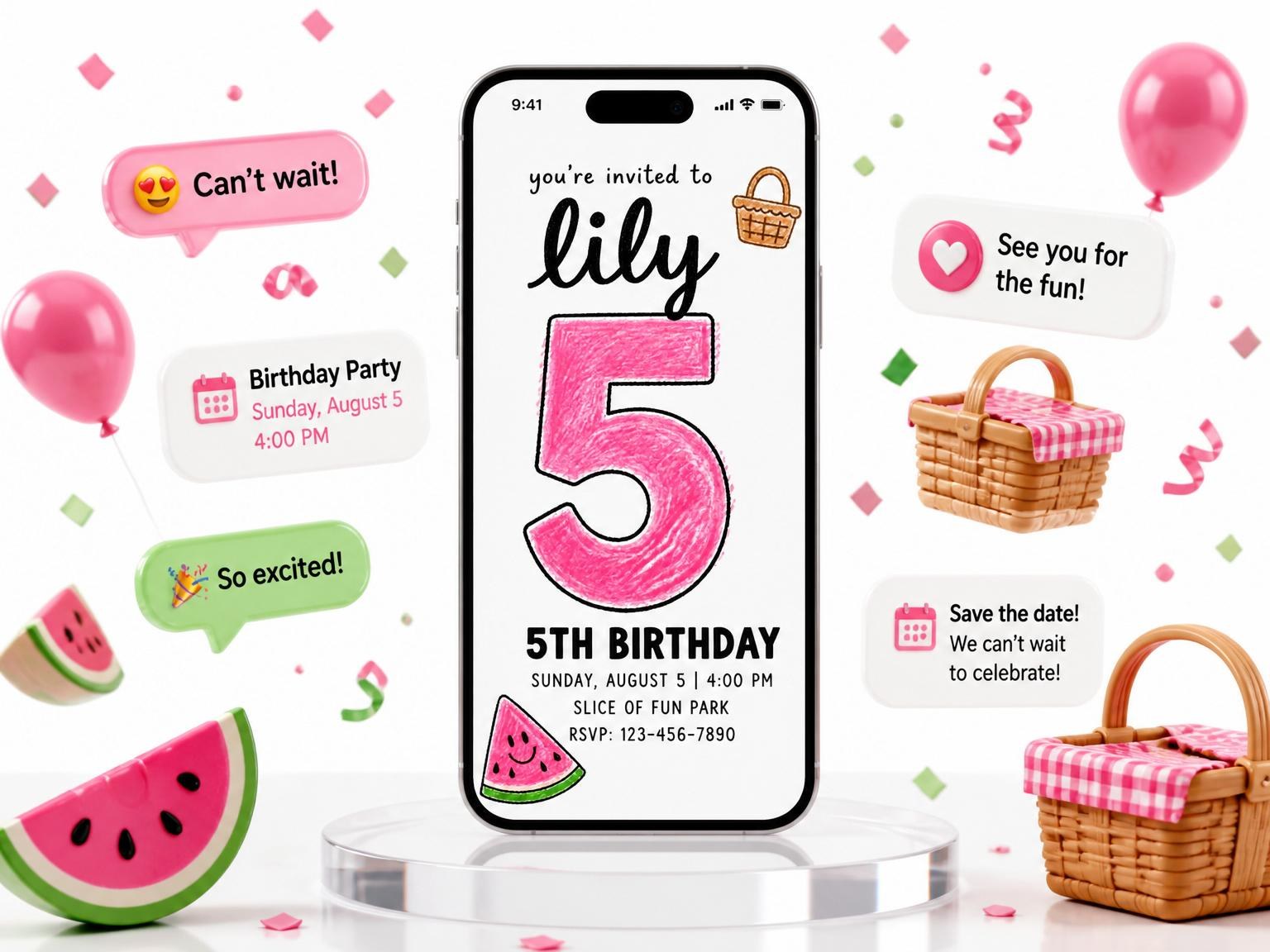The Crayon Watermelon Picnic 5th Birthday invitation on a phone, with guest RSVPs arriving around it