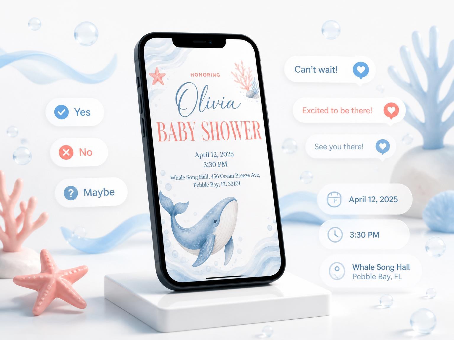 The Blue Watercolor Whale Baby Shower invitation on a phone, with guest RSVPs arriving around it