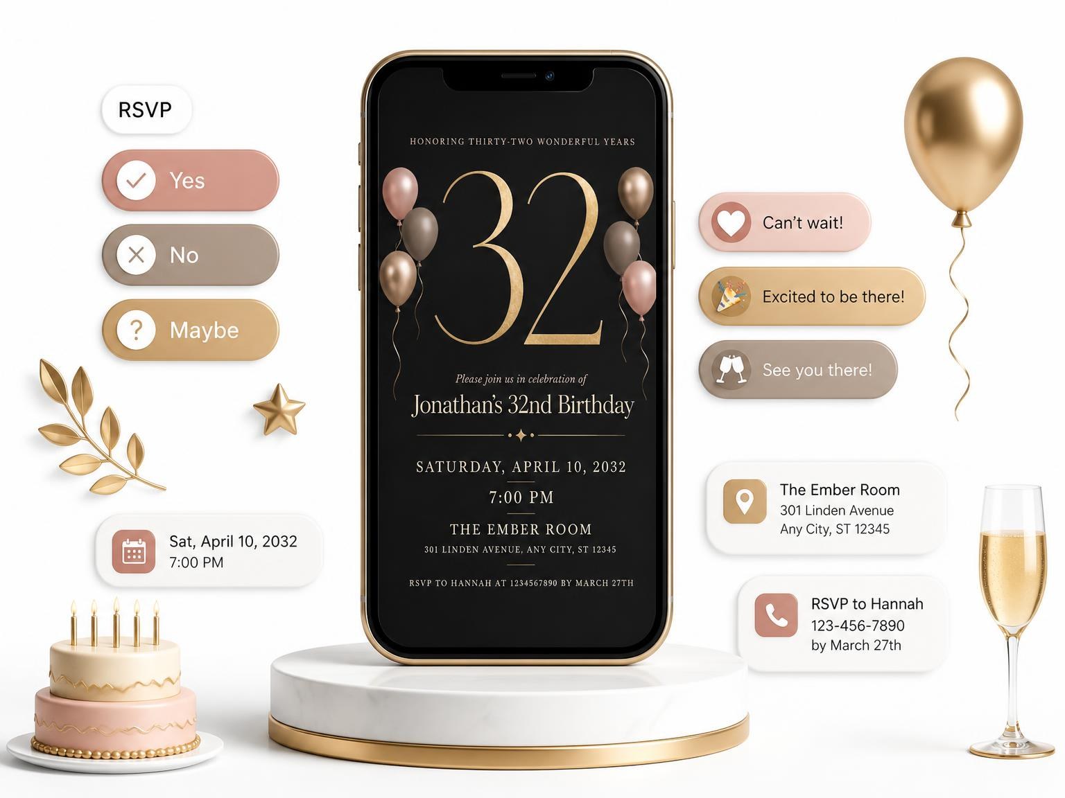 The Blush Balloon 32nd Birthday Invitation invitation on a phone, with guest RSVPs arriving around it