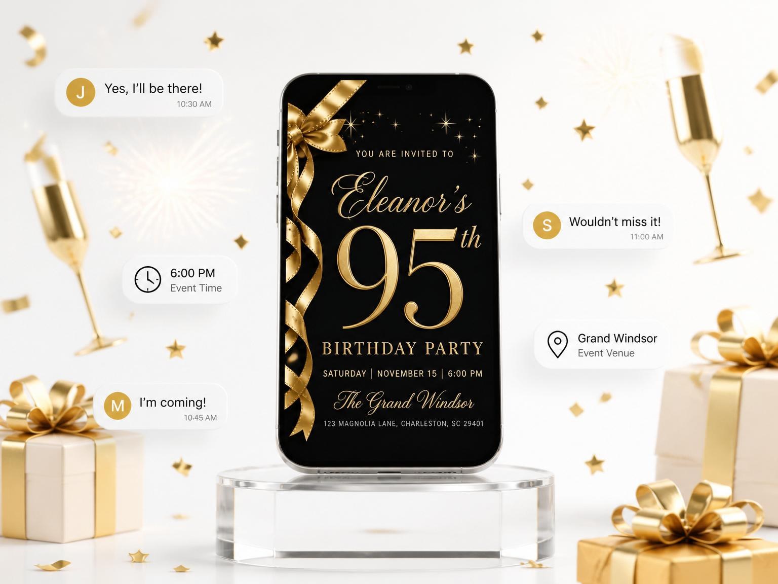 The Gold Ribbon Black 95th Birthday invitation on a phone, with guest RSVPs arriving around it