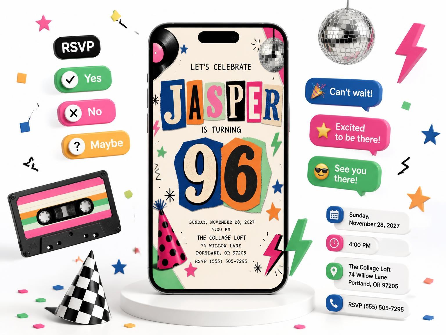 The Retro Paper Collage 96th Birthday Invitation invitation on a phone, with guest RSVPs arriving around it