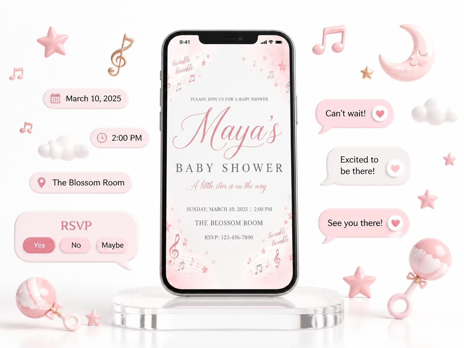 The Pink Watercolor Star Baby Shower invitation on a phone, with guest RSVPs arriving around it