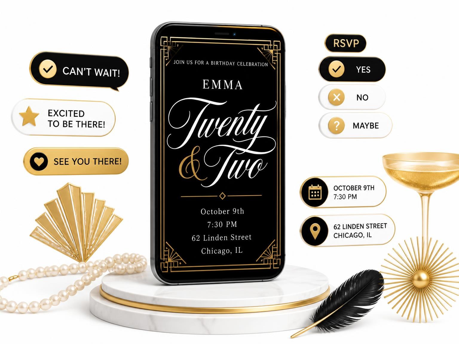The Art Deco 22nd Birthday Invitation invitation on a phone, with guest RSVPs arriving around it