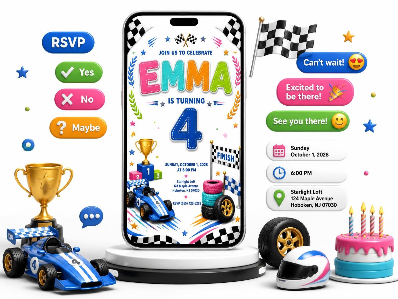 The Stitched Race Car 4th Birthday Invitation invitation on a phone, with guest RSVPs arriving around it