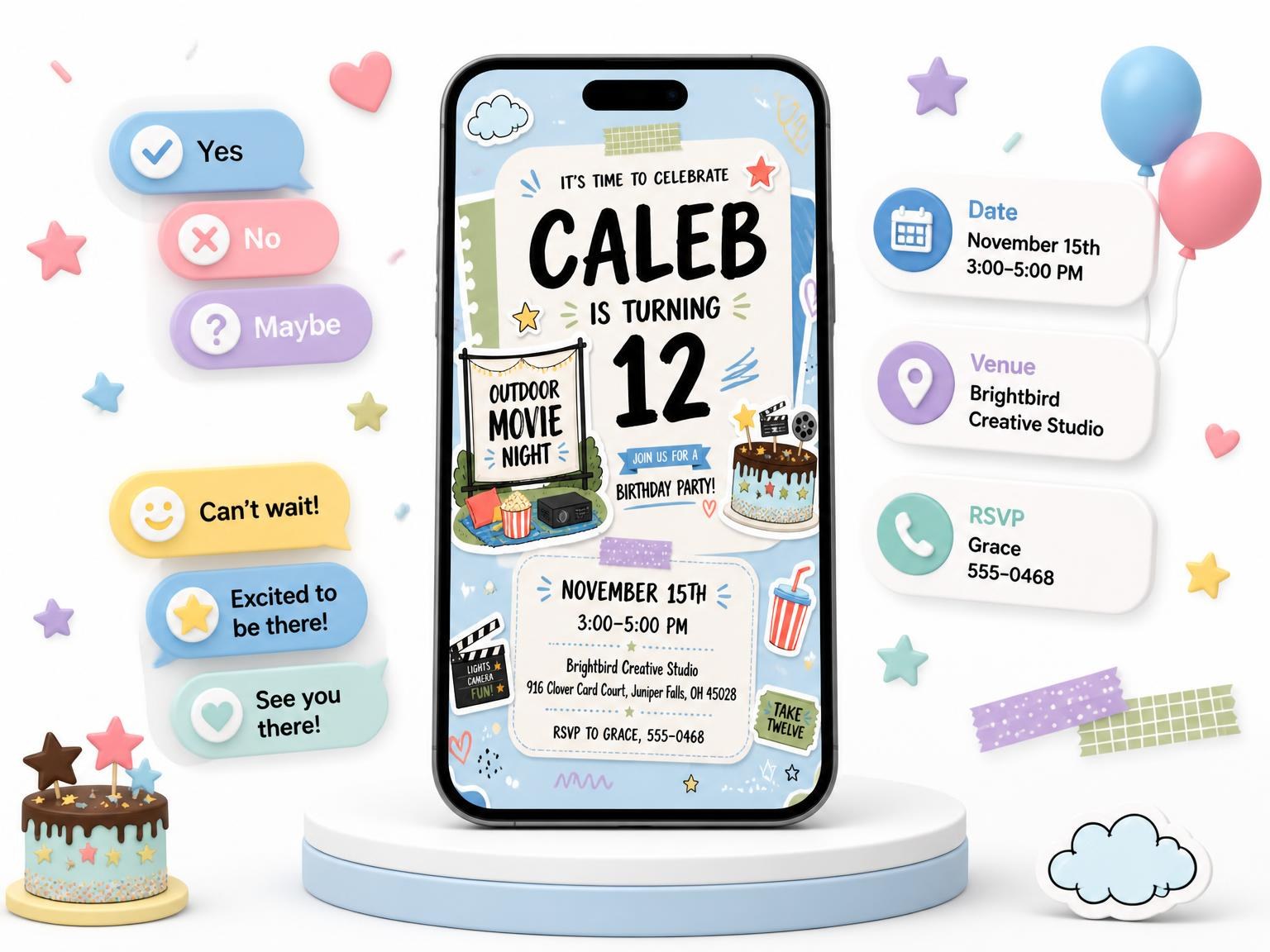 The Screen Setup Pastel 12th Birthday Invitation invitation on a phone, with guest RSVPs arriving around it