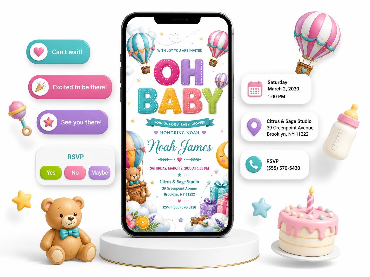 The Hot Air Balloons Baby Shower Invitation invitation on a phone, with guest RSVPs arriving around it