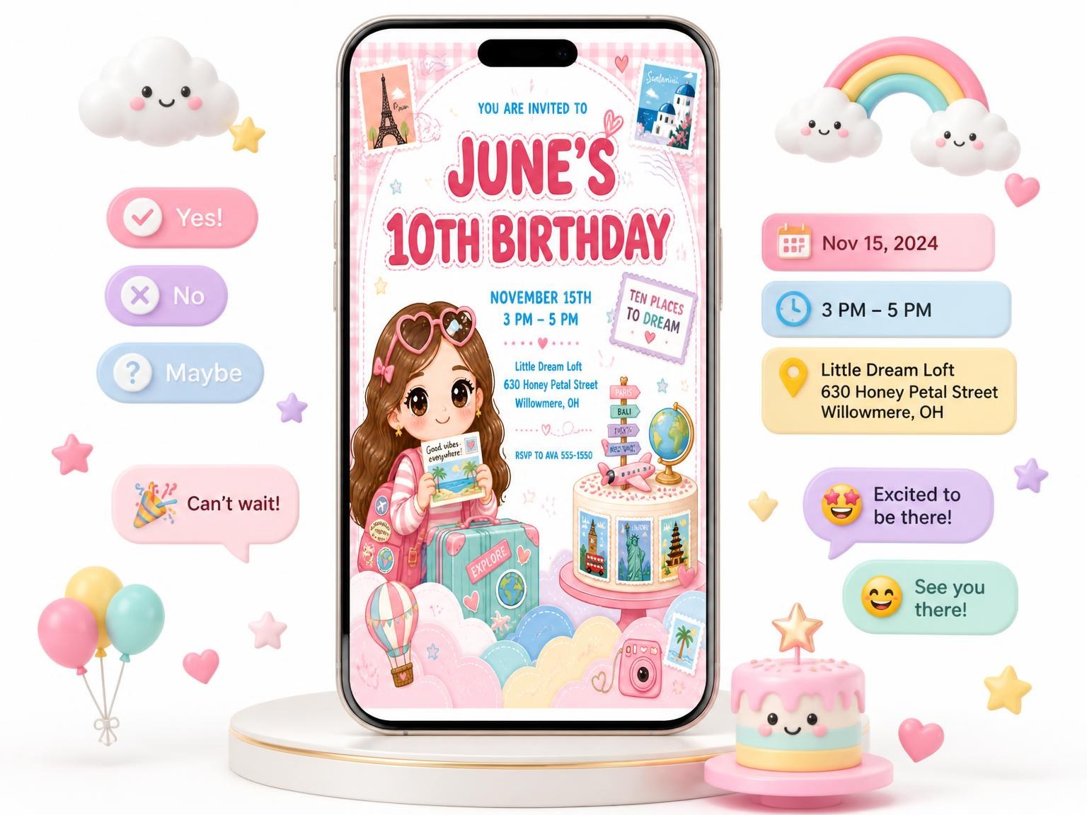 The Traveler Kawaii Pastel 10th Birthday Invitation invitation on a phone, with guest RSVPs arriving around it