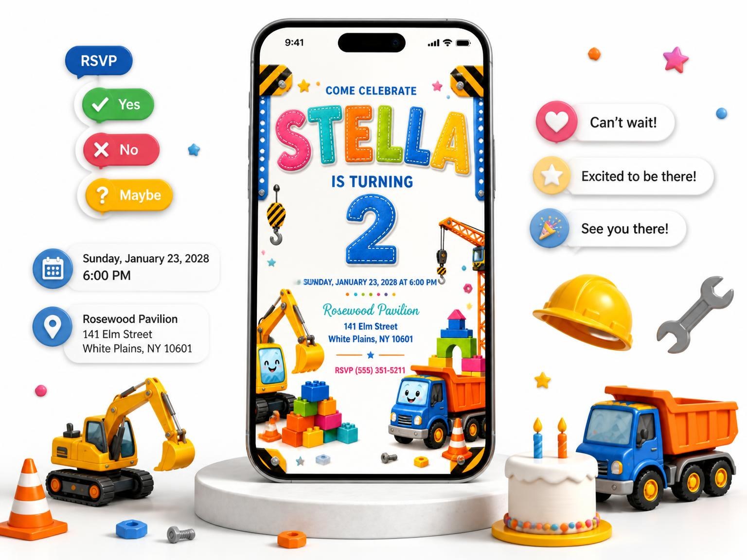 The Stitched Construction 2nd Birthday Invitation invitation on a phone, with guest RSVPs arriving around it