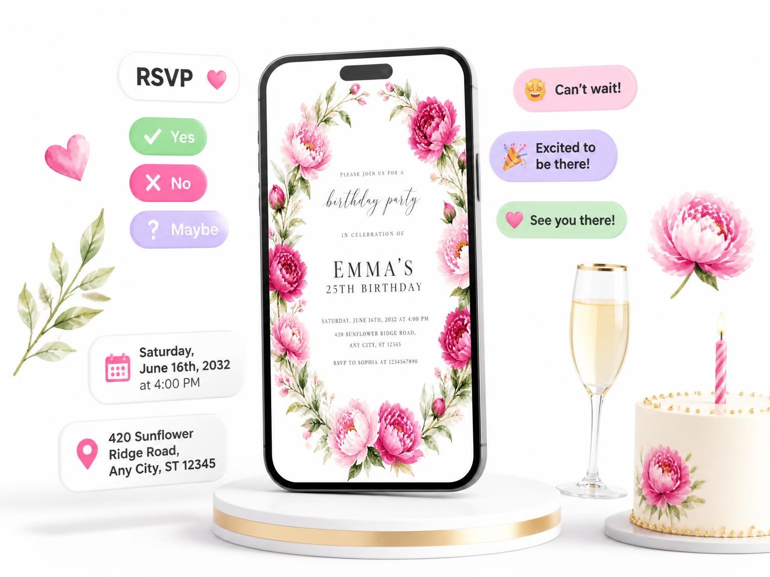 The Fuchsia Flower Wreath 25th Birthday Invitation invitation on a phone, with guest RSVPs arriving around it