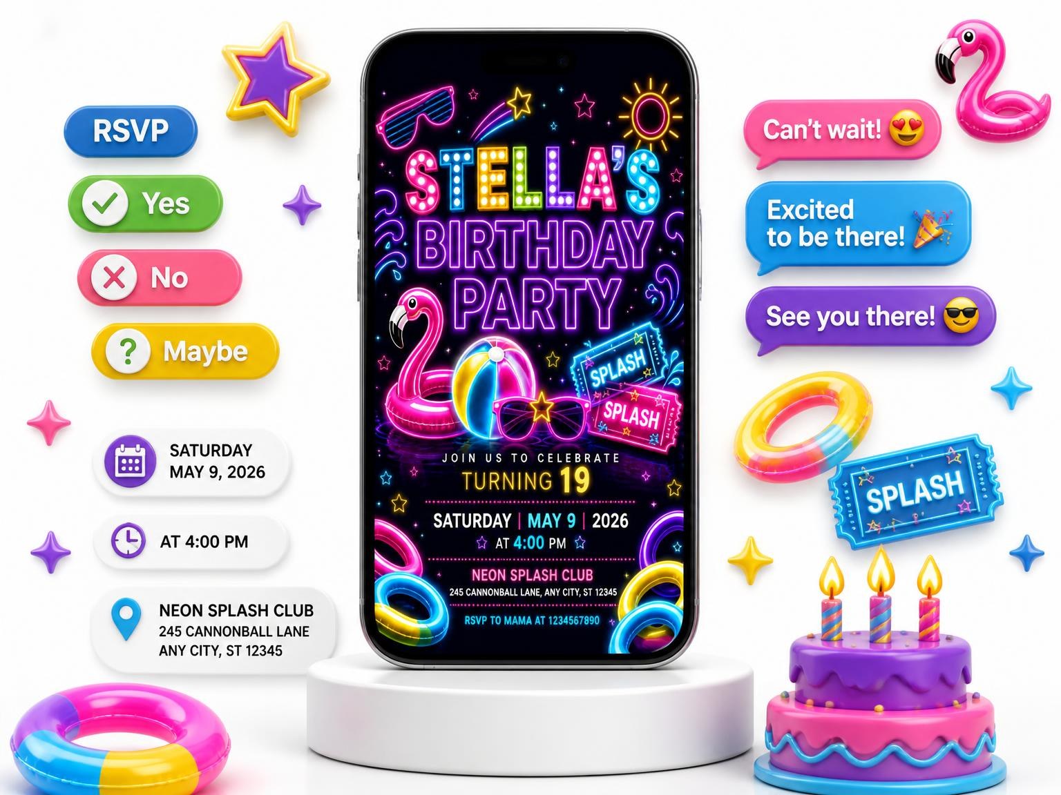 The Neon Pool Party 19th Birthday Invitation invitation on a phone, with guest RSVPs arriving around it