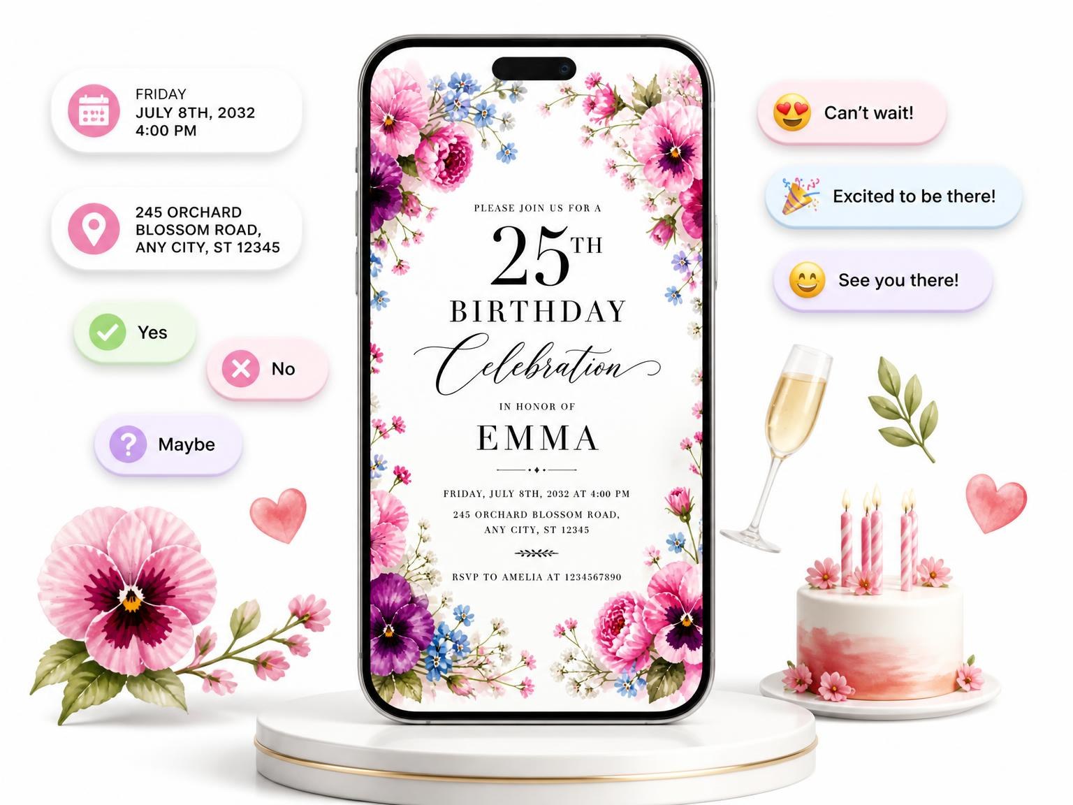 The Fuchsia Pansy and Forget-Me-Not 25th Birthday Invitation invitation on a phone, with guest RSVPs arriving around it
