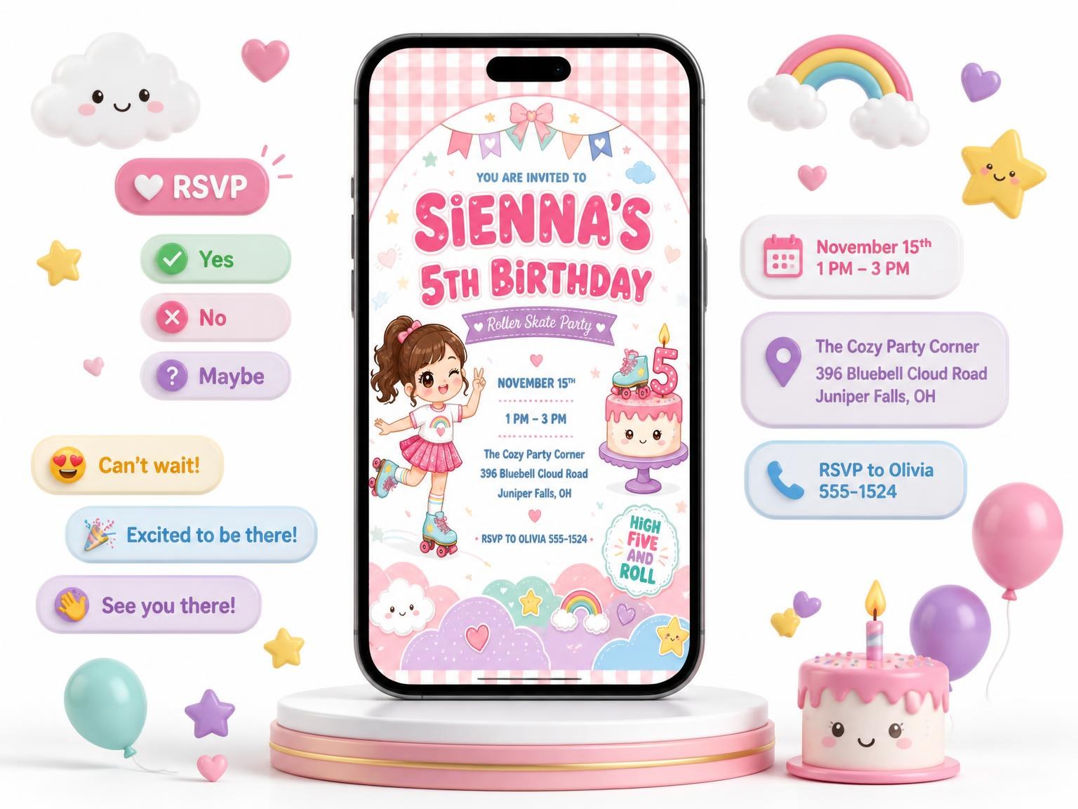 The Pastel Roller Skate 5th Birthday Invitation invitation on a phone, with guest RSVPs arriving around it