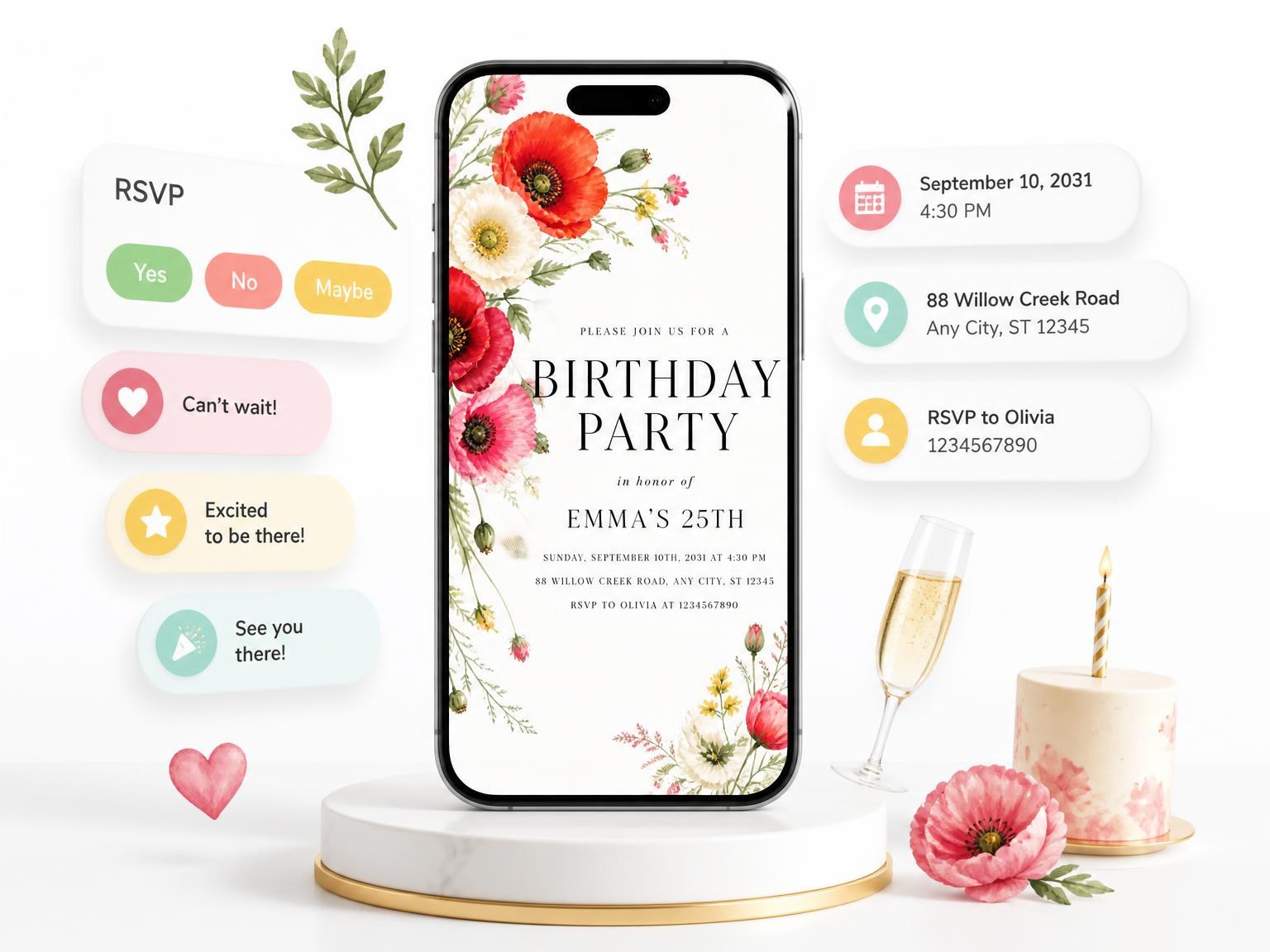 The Poppies Bouquet Scarlet 25th Birthday Invitation invitation on a phone, with guest RSVPs arriving around it