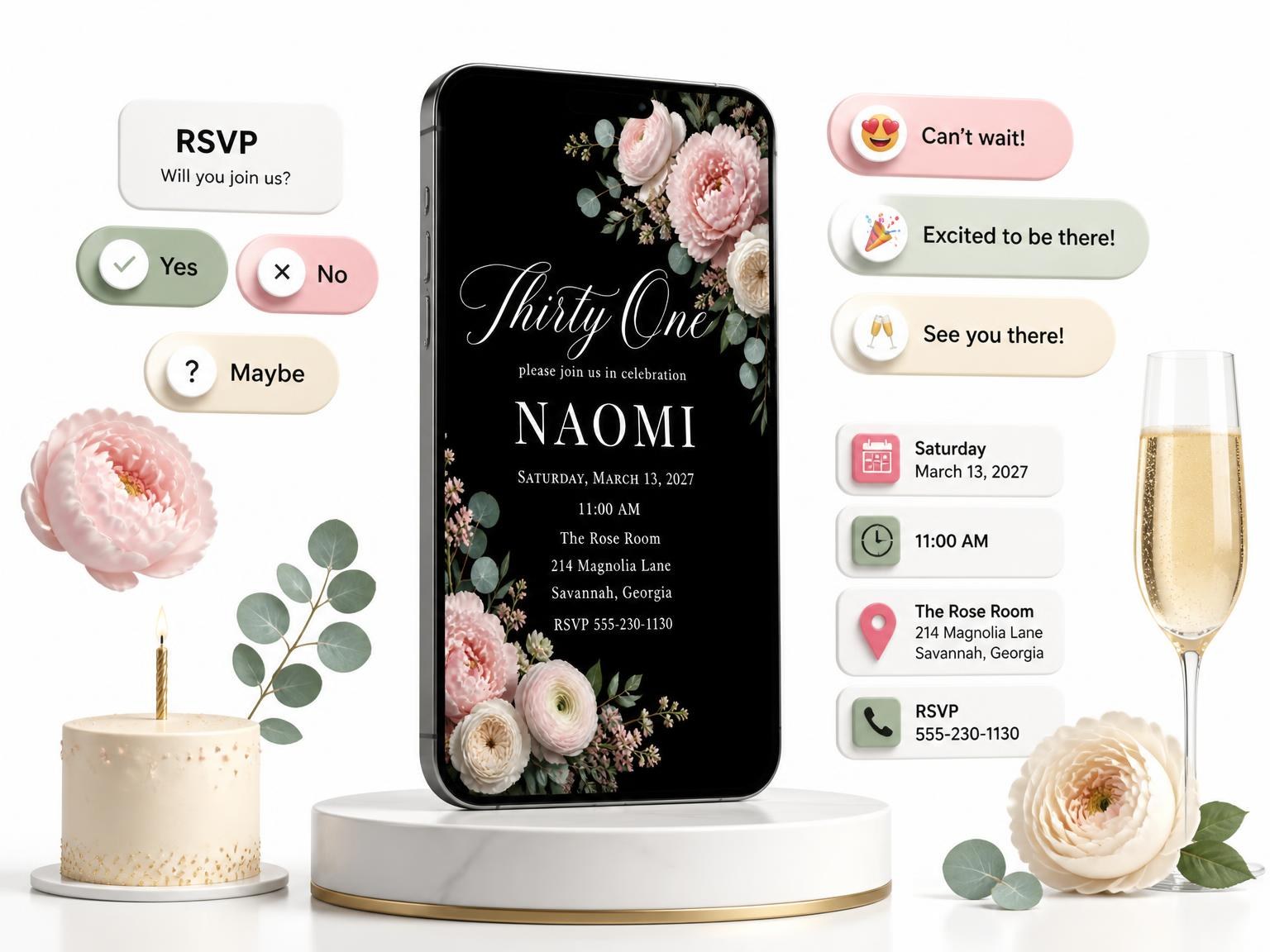 The Black Floral 31st Birthday Invitation invitation on a phone, with guest RSVPs arriving around it