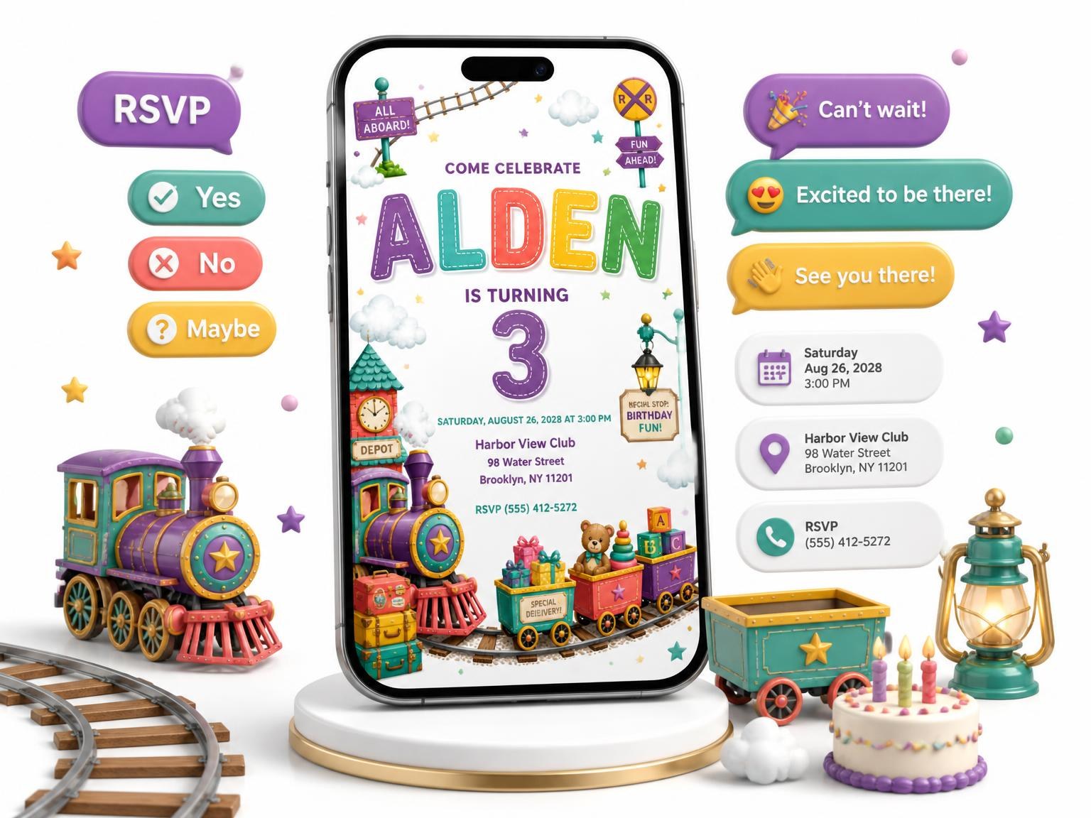 The Stitched Train 3rd Birthday Invitation invitation on a phone, with guest RSVPs arriving around it