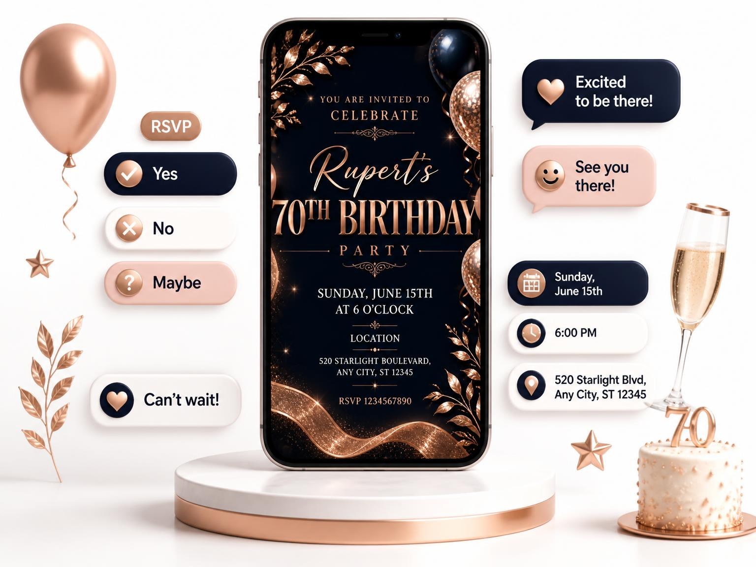 The Navy and Rose Gold 70th Birthday Invitation invitation on a phone, with guest RSVPs arriving around it