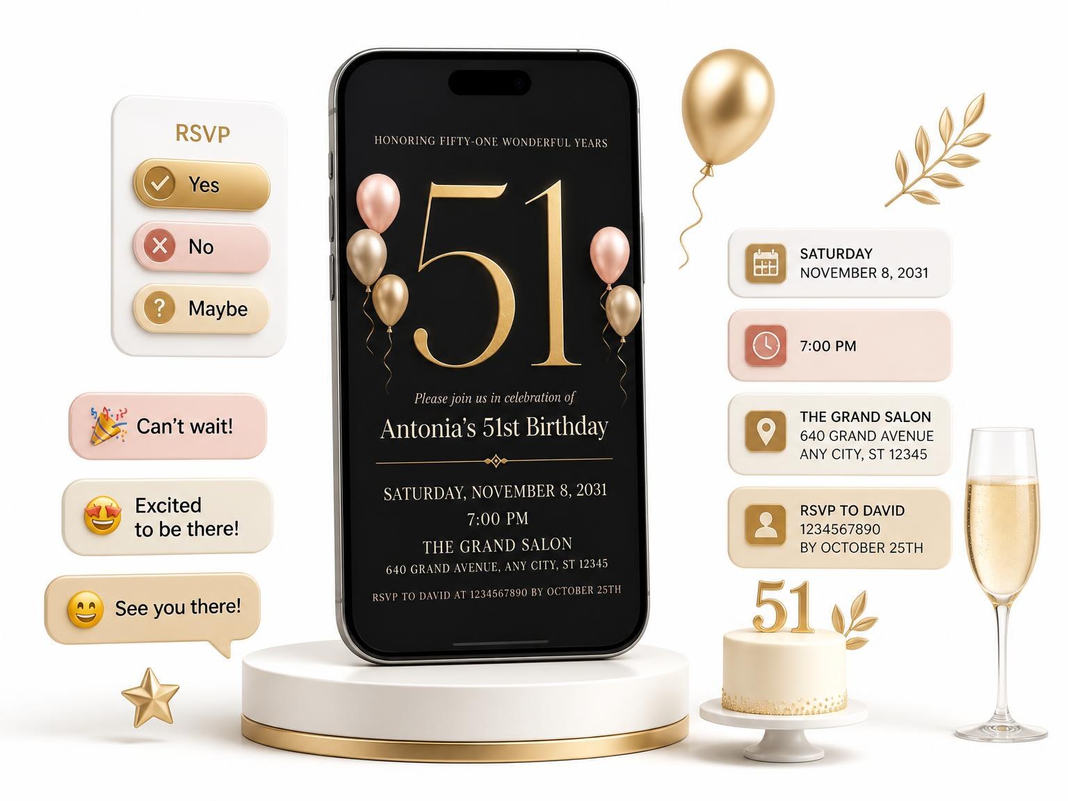 The Charcoal and Blush 51st Birthday Invitation invitation on a phone, with guest RSVPs arriving around it