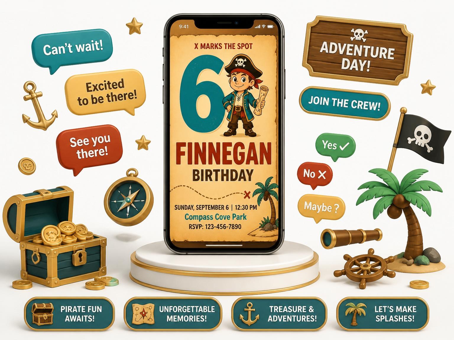 The Aged Parchment Pirate Mascot 6th Birthday invitation on a phone, with guest RSVPs arriving around it