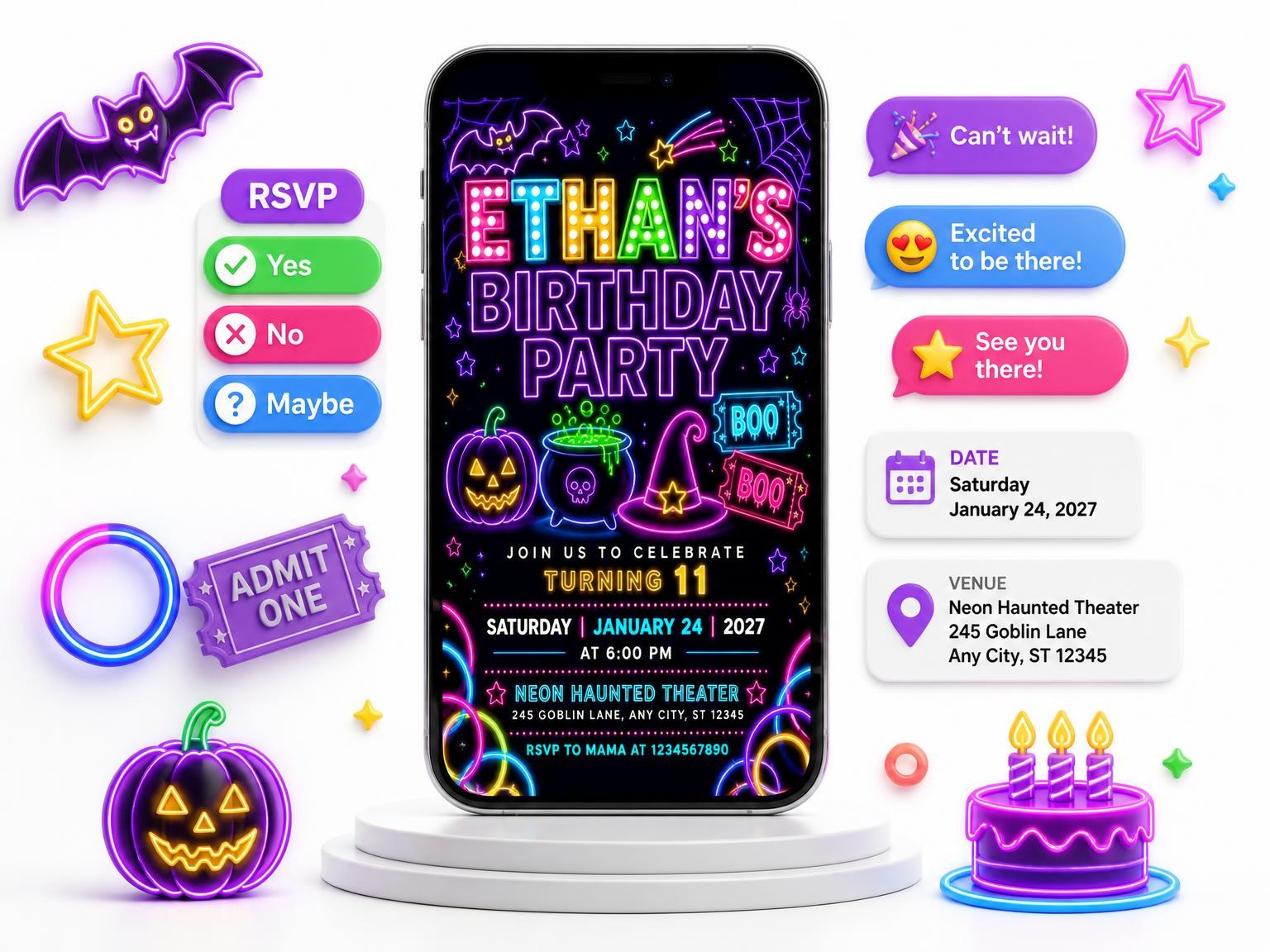 The Neon Halloween Glow 11th Birthday Invitation invitation on a phone, with guest RSVPs arriving around it
