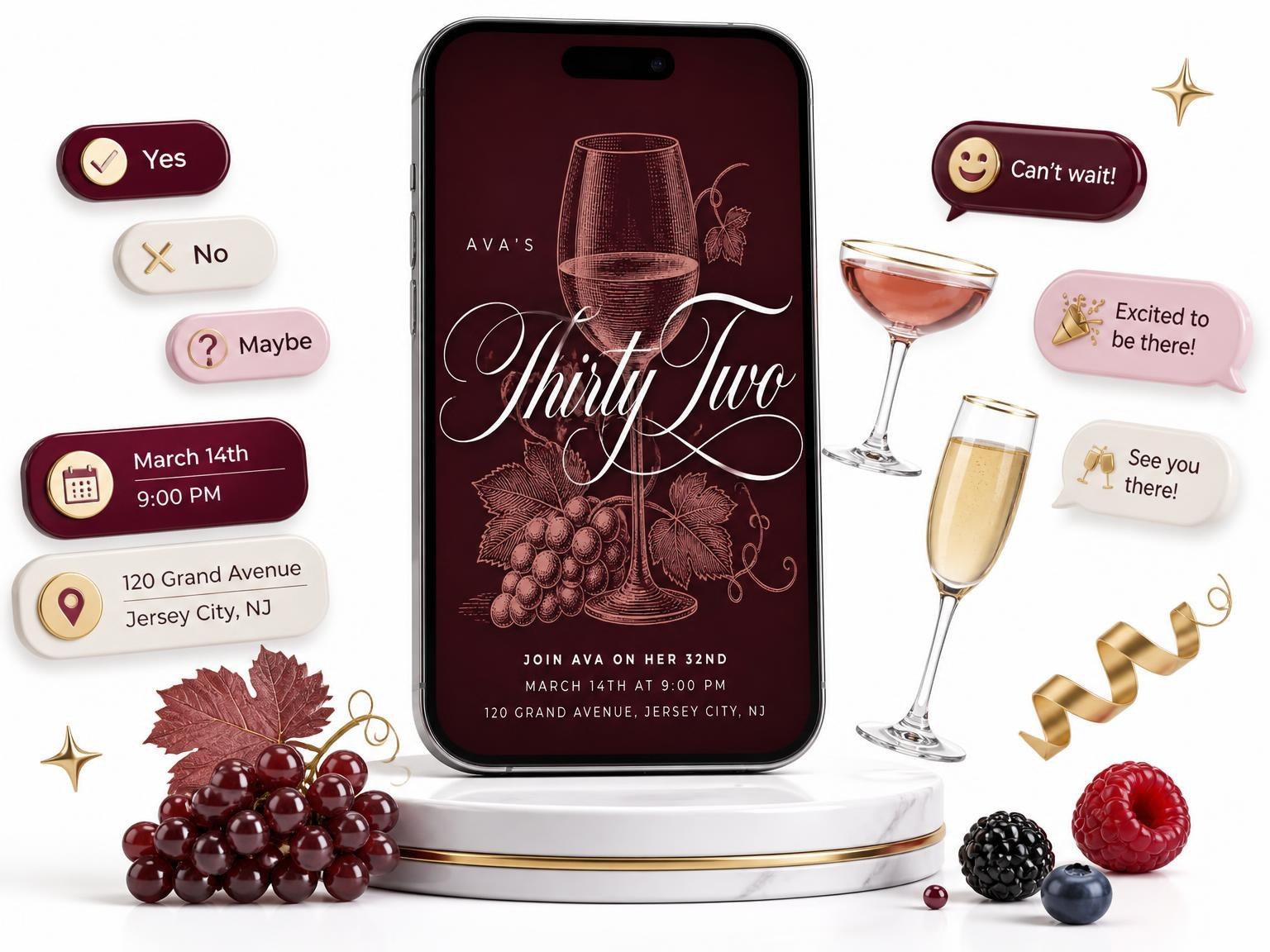 The Burgundy Cocktail 32nd Birthday Invitation invitation on a phone, with guest RSVPs arriving around it