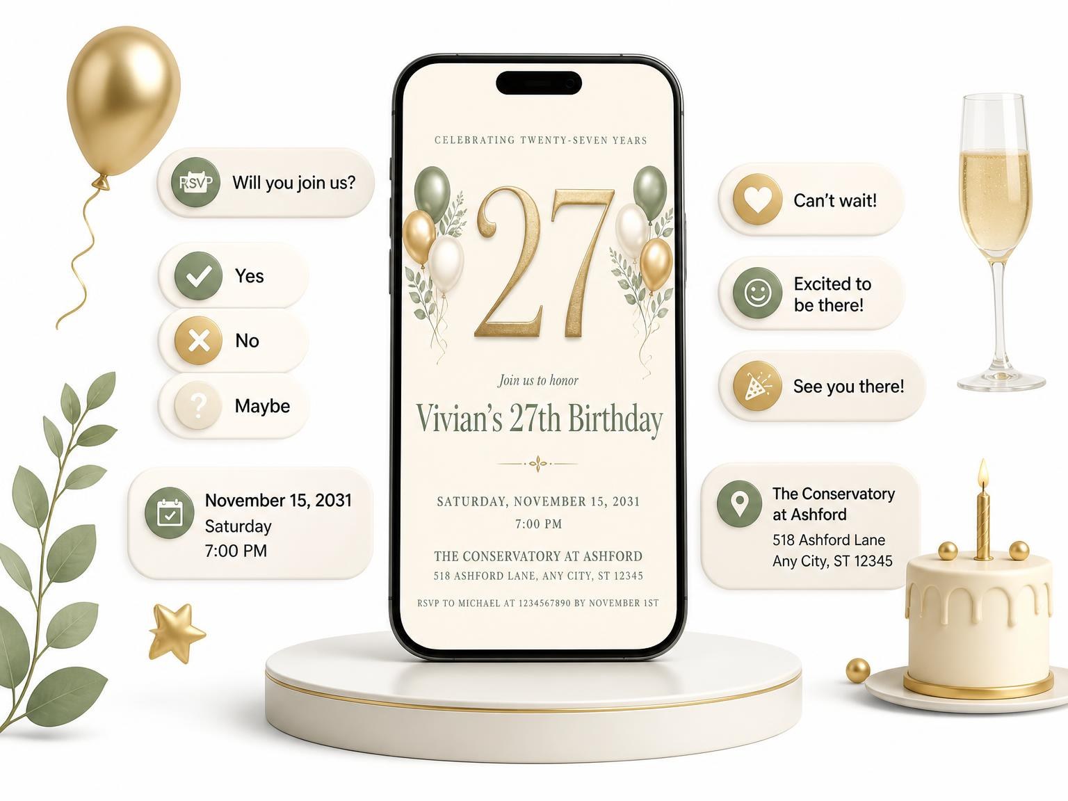 The Sage and Ivory 27th Birthday Invitation invitation on a phone, with guest RSVPs arriving around it