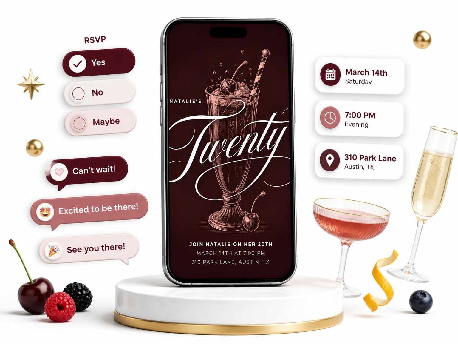 The Burgundy Ice Cream Soda 20th Birthday Invitation invitation on a phone, with guest RSVPs arriving around it