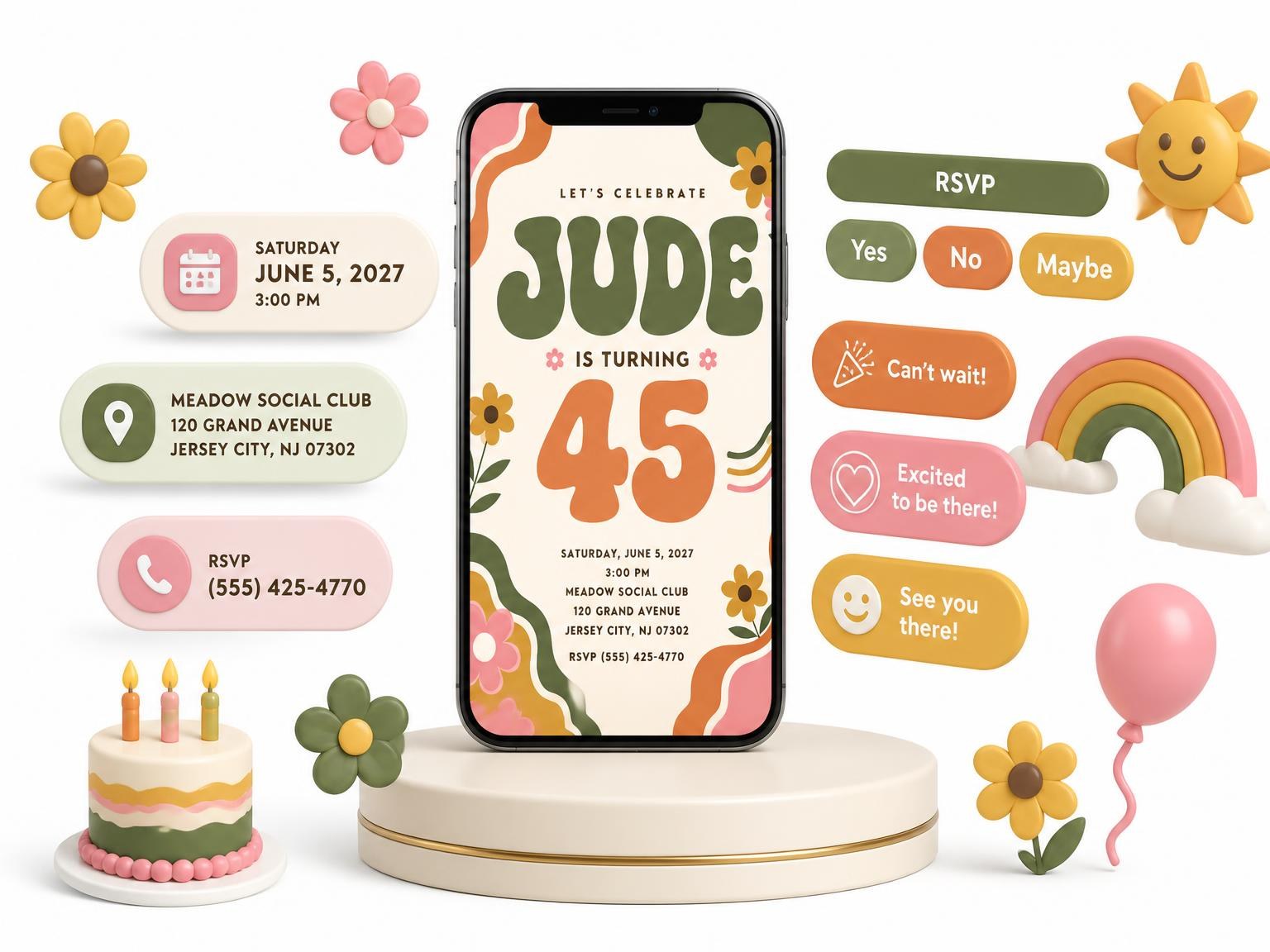 The Groovy Retro 45th Birthday Invitation invitation on a phone, with guest RSVPs arriving around it