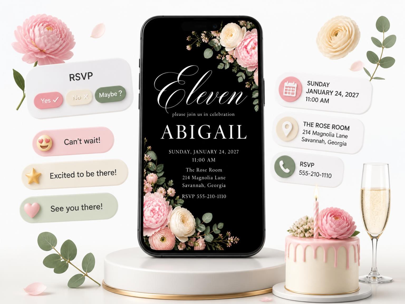 The Black Floral 11th Birthday Invitation invitation on a phone, with guest RSVPs arriving around it