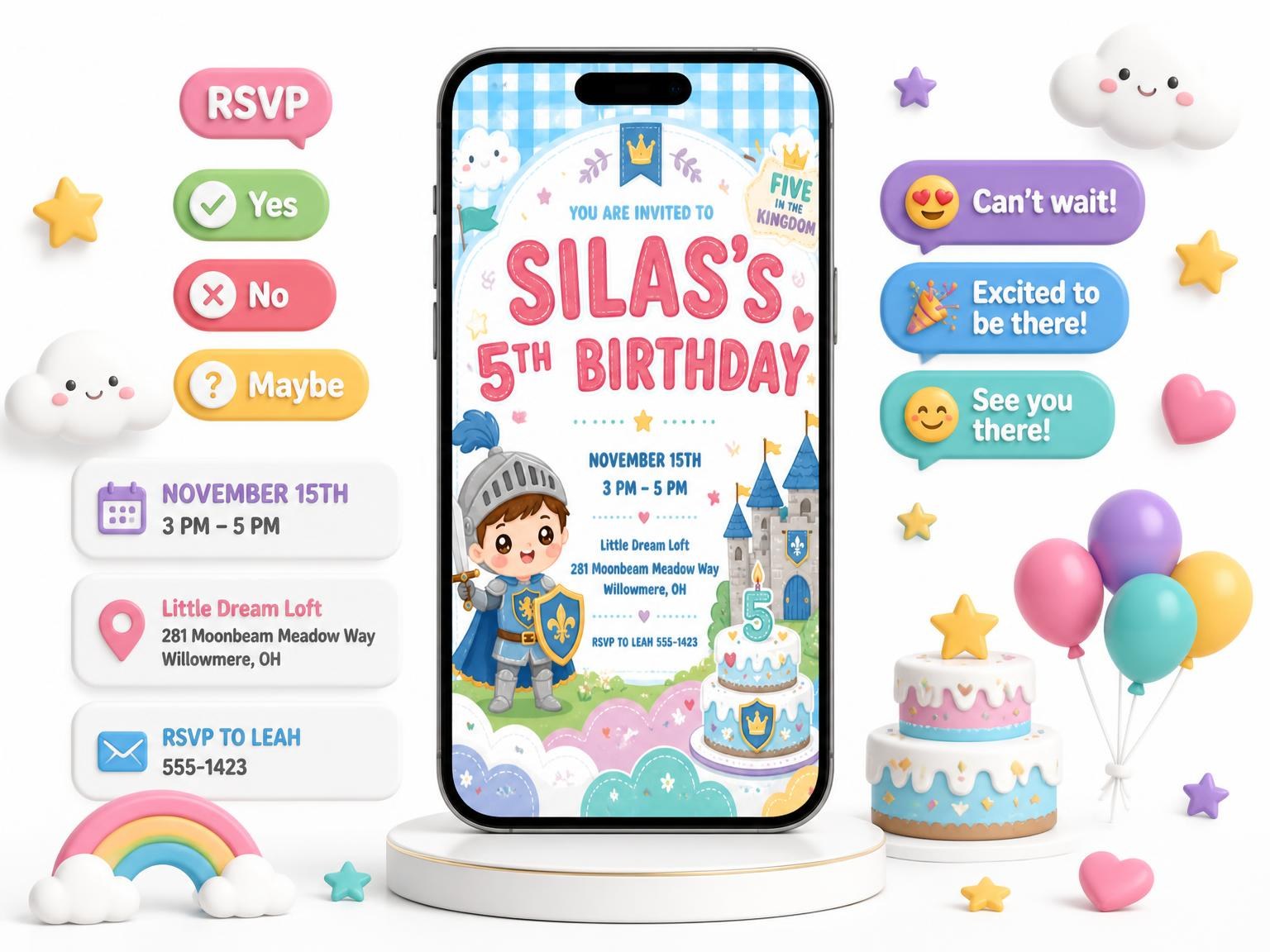 The Kawaii Knight Kingdom 5th Birthday Invitation invitation on a phone, with guest RSVPs arriving around it