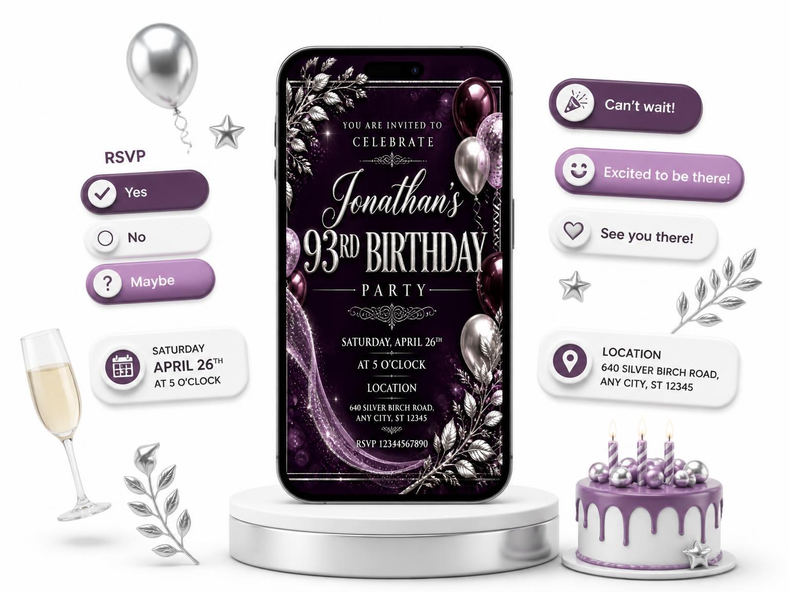 The Plum and Silver 93rd Birthday Invitation invitation on a phone, with guest RSVPs arriving around it