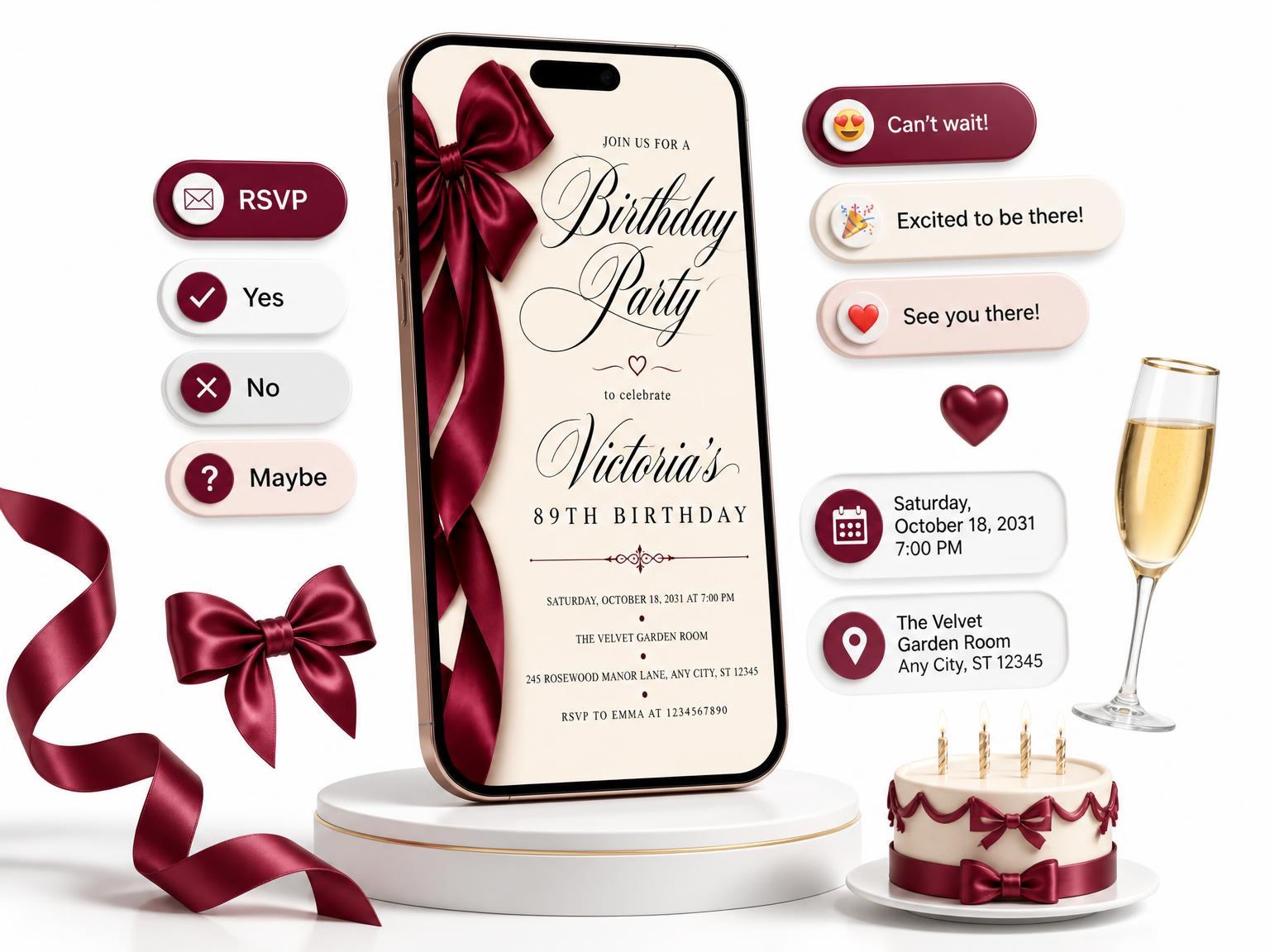 The Burgundy Satin Bow 89th Birthday Invitation invitation on a phone, with guest RSVPs arriving around it