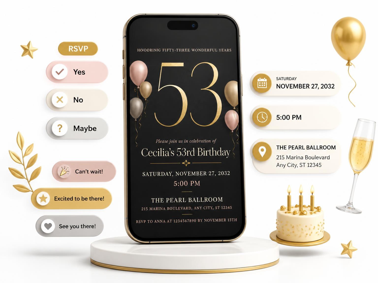 The Charcoal and Blush 53rd Birthday Invitation invitation on a phone, with guest RSVPs arriving around it