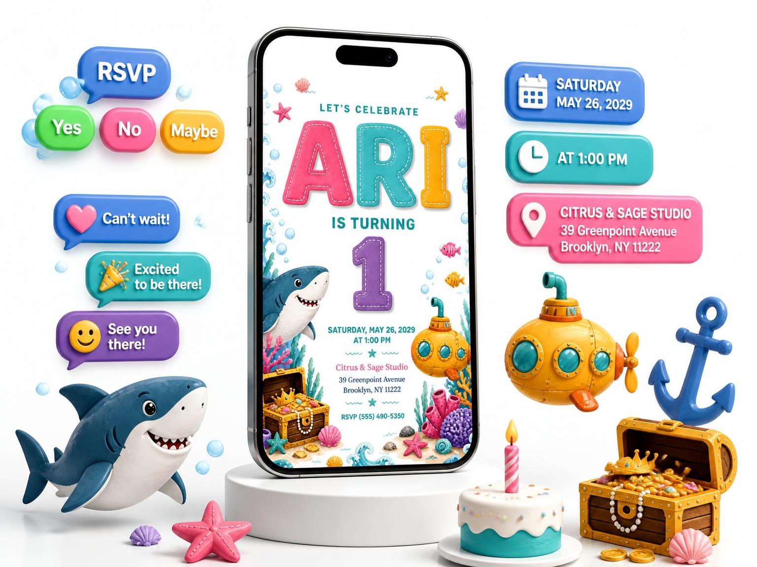 The Stitched Shark 1st Birthday Invitation invitation on a phone, with guest RSVPs arriving around it