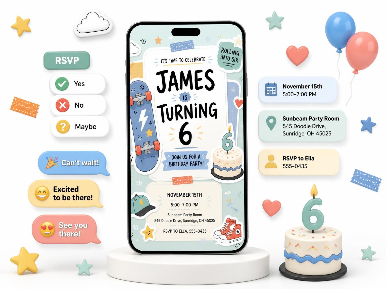 The Skateboard Pastel 6th Birthday Invitation invitation on a phone, with guest RSVPs arriving around it