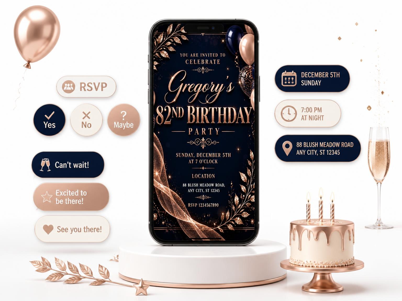 The Navy and Rose Gold 82nd Birthday Invitation invitation on a phone, with guest RSVPs arriving around it