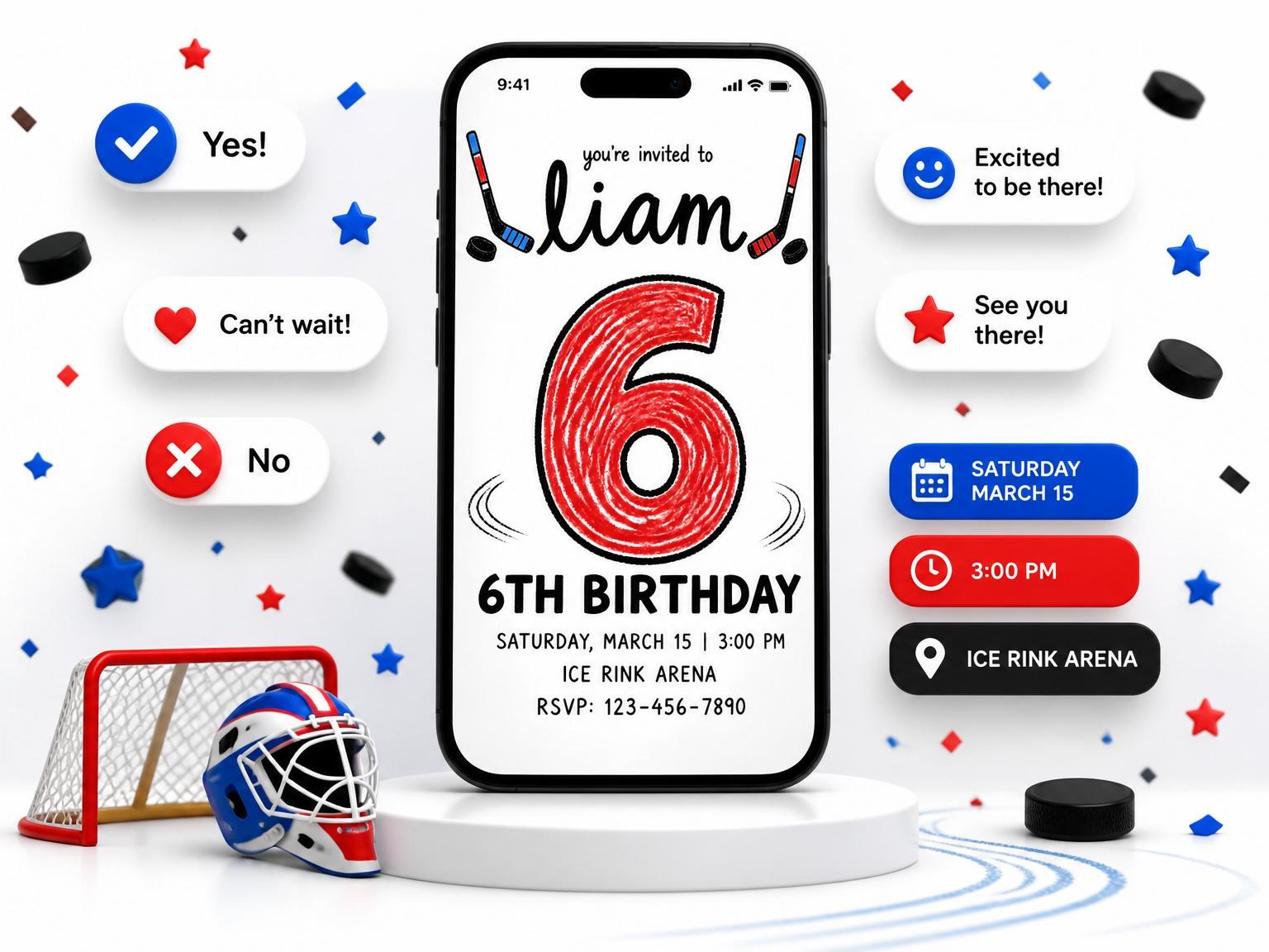 The Crayon Hockey Stick 6th Birthday Invitation invitation on a phone, with guest RSVPs arriving around it
