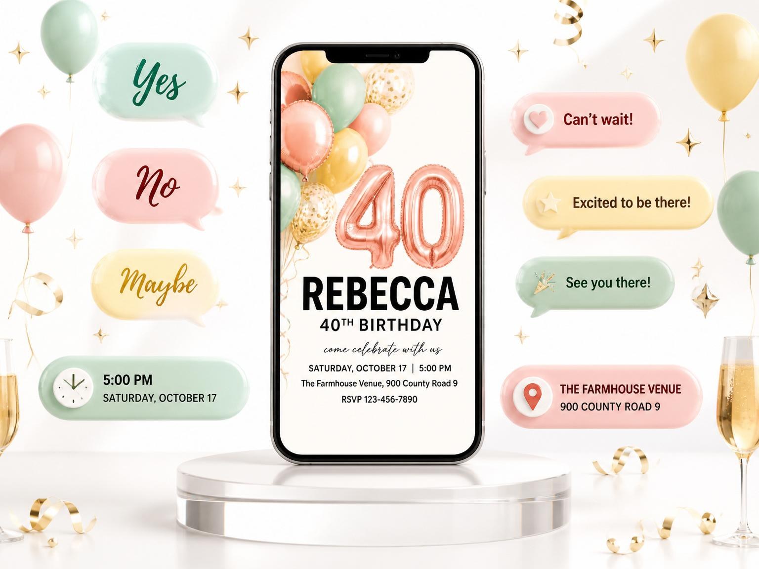 The Rose Gold Balloon 40th Birthday invitation on a phone, with guest RSVPs arriving around it