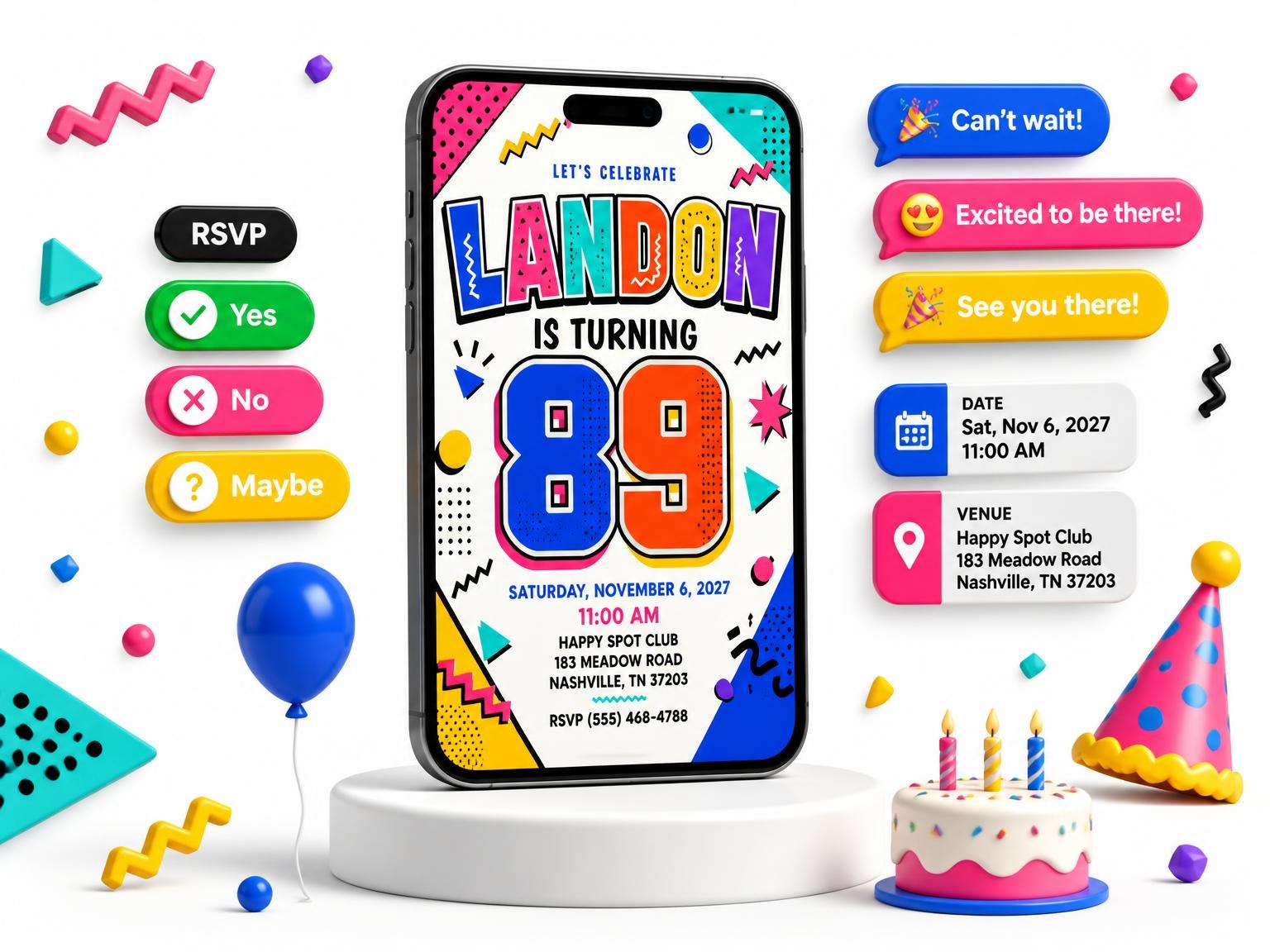 The Memphis Pop 89th Birthday Invitation invitation on a phone, with guest RSVPs arriving around it