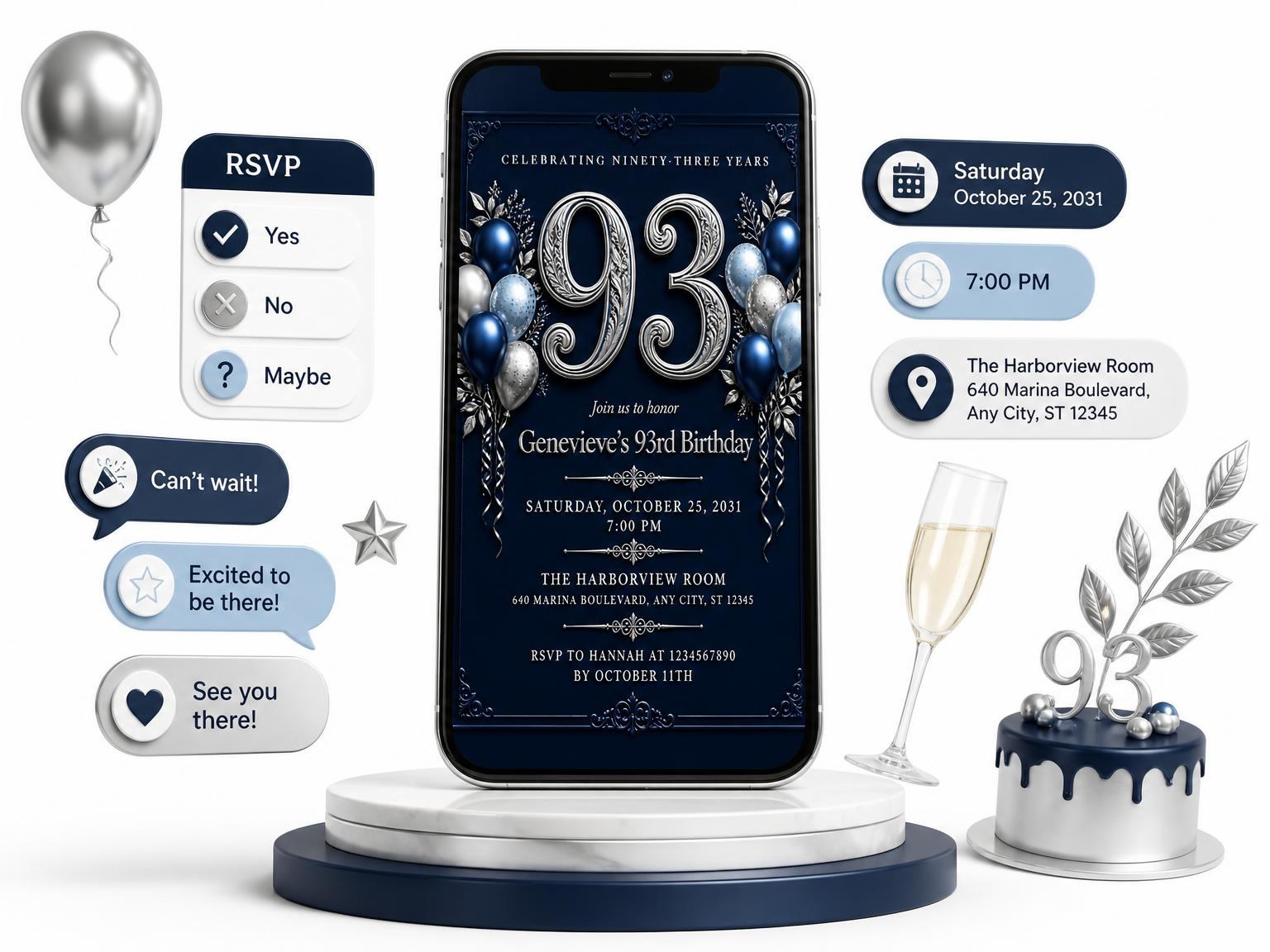 The Navy and Silver 93rd Birthday Invitation invitation on a phone, with guest RSVPs arriving around it