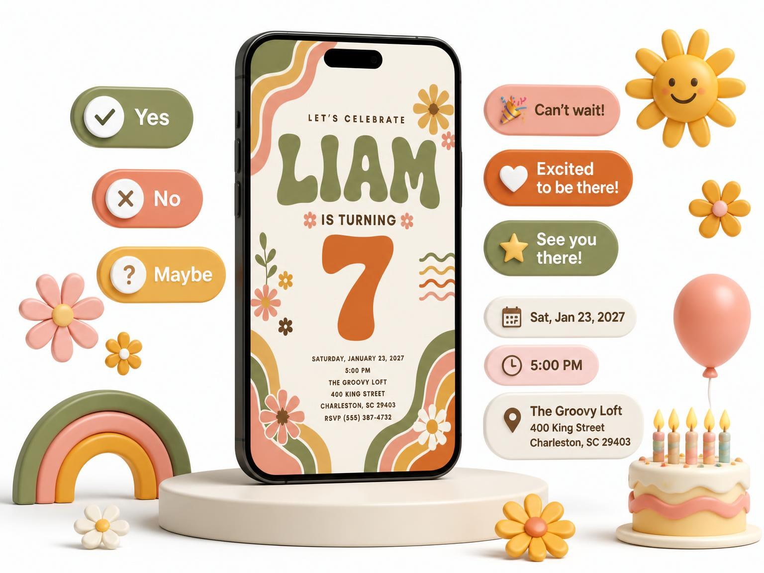 The Groovy Retro 7th Birthday Invitation invitation on a phone, with guest RSVPs arriving around it