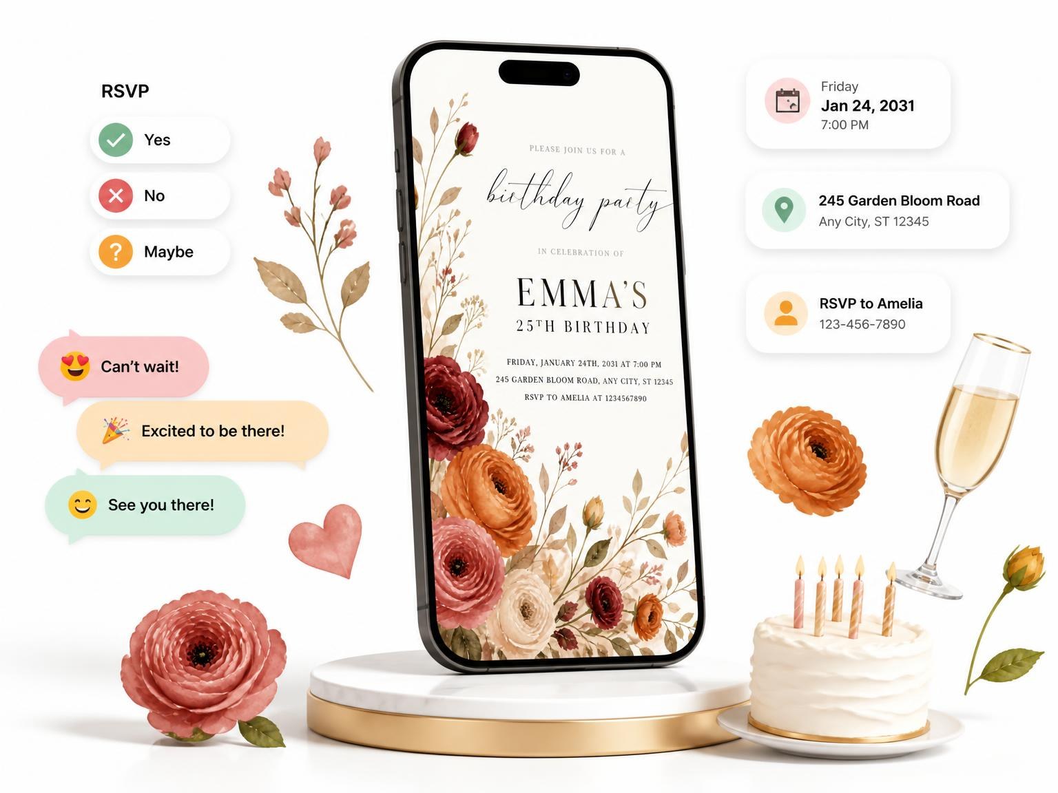 The Floral Autumn 25th Birthday Invitation invitation on a phone, with guest RSVPs arriving around it