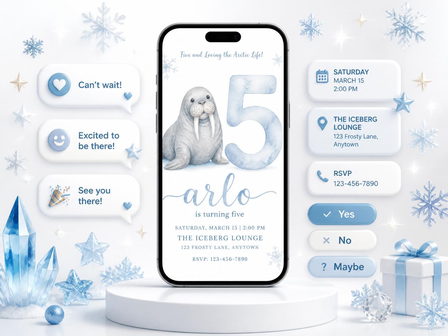The Watercolor Arctic Walrus 5th Birthday invitation on a phone, with guest RSVPs arriving around it