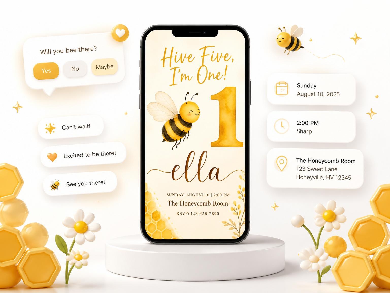 The Watercolor Bee Golden Honeycomb 1st Birthday invitation on a phone, with guest RSVPs arriving around it