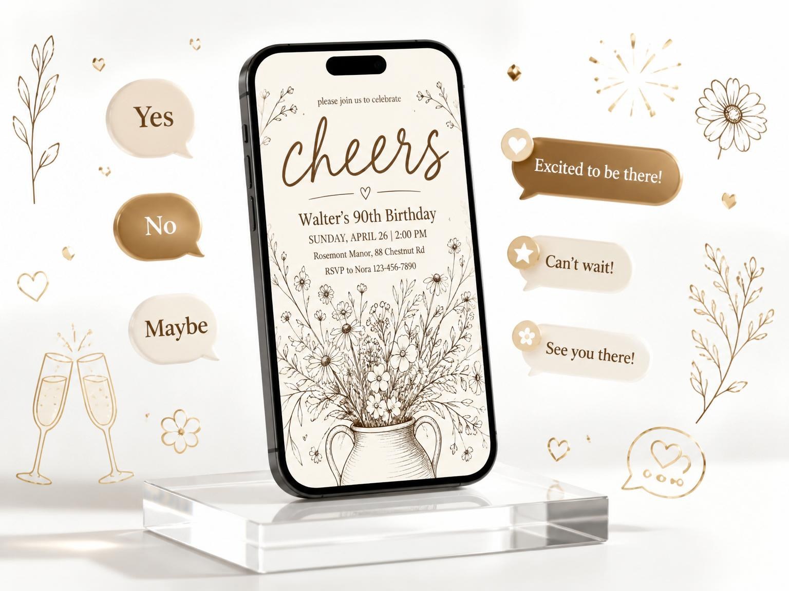The Warm Brown Wildflower 90th Birthday invitation on a phone, with guest RSVPs arriving around it