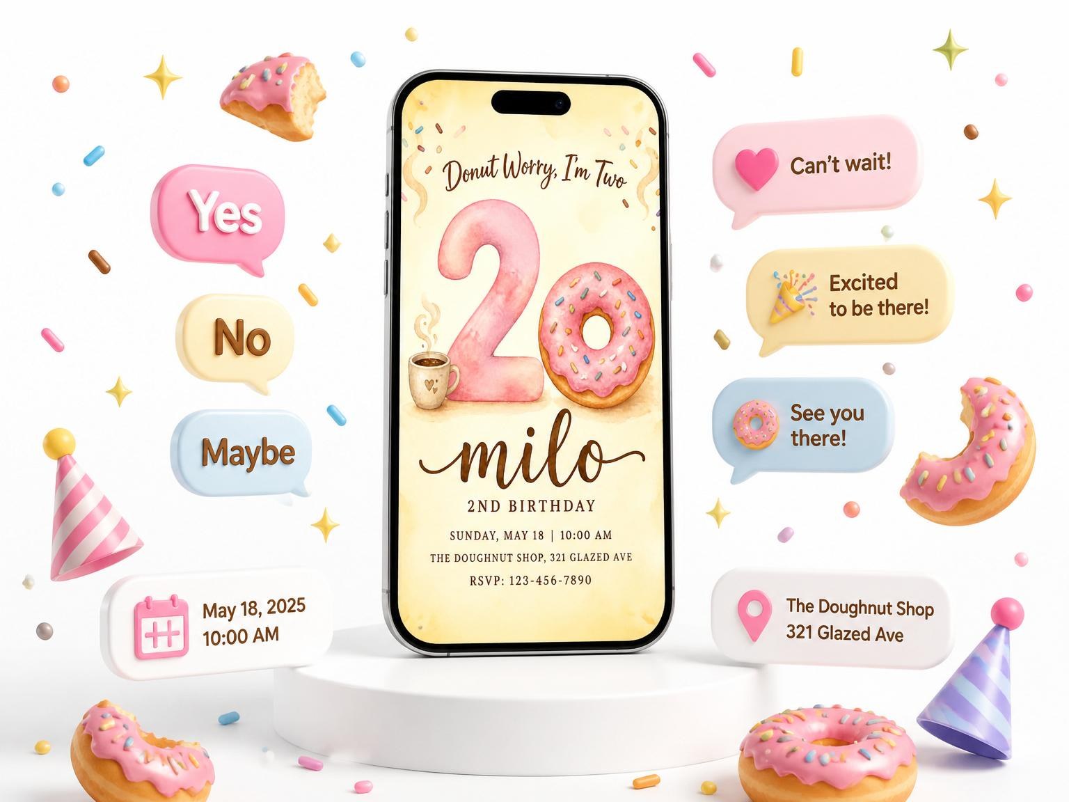 The Watercolor Donut 2nd Birthday invitation on a phone, with guest RSVPs arriving around it