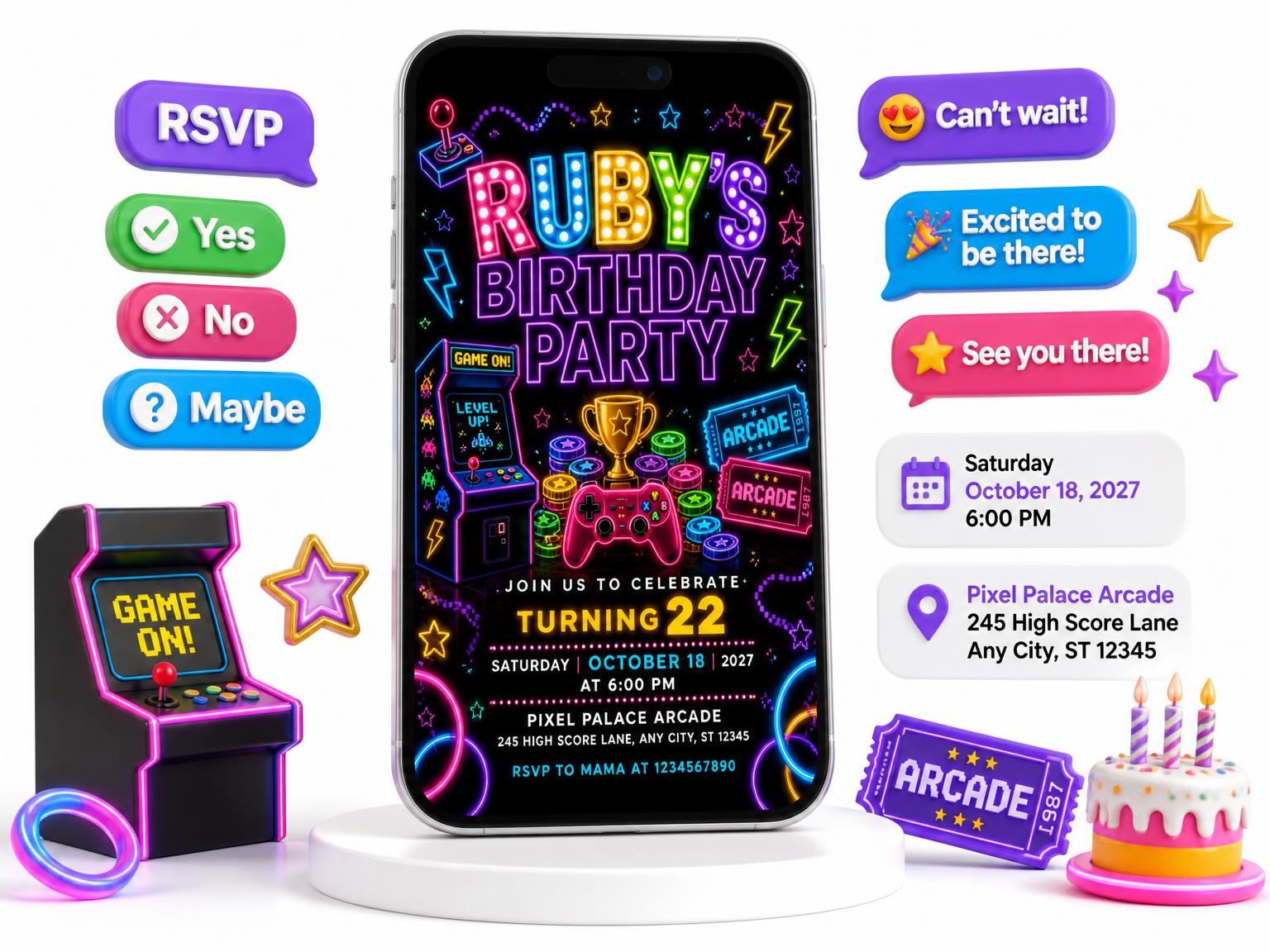 The Neon Arcade 22nd Birthday Invitation invitation on a phone, with guest RSVPs arriving around it