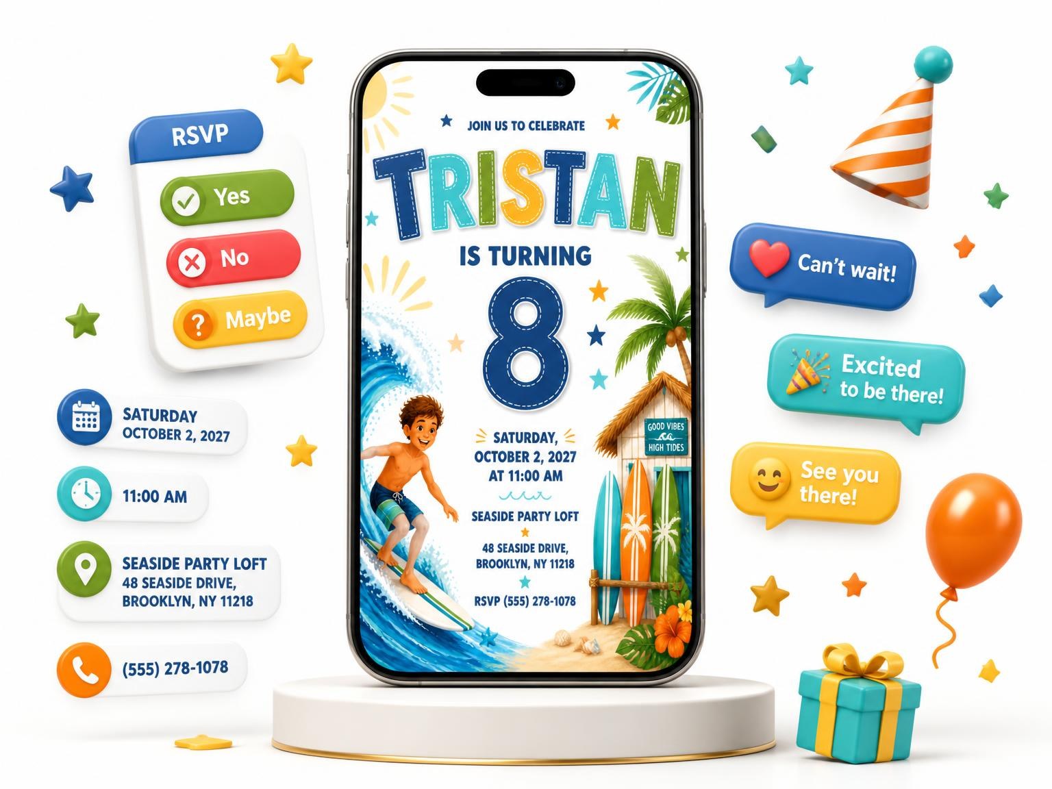 The Surfer Wave Stitched 8th Birthday Invitation invitation on a phone, with guest RSVPs arriving around it